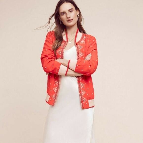 Anthropologie Conditions Apply Arabella Embroidered Red Bomber Jacket Size Small - Picture 2 of 9